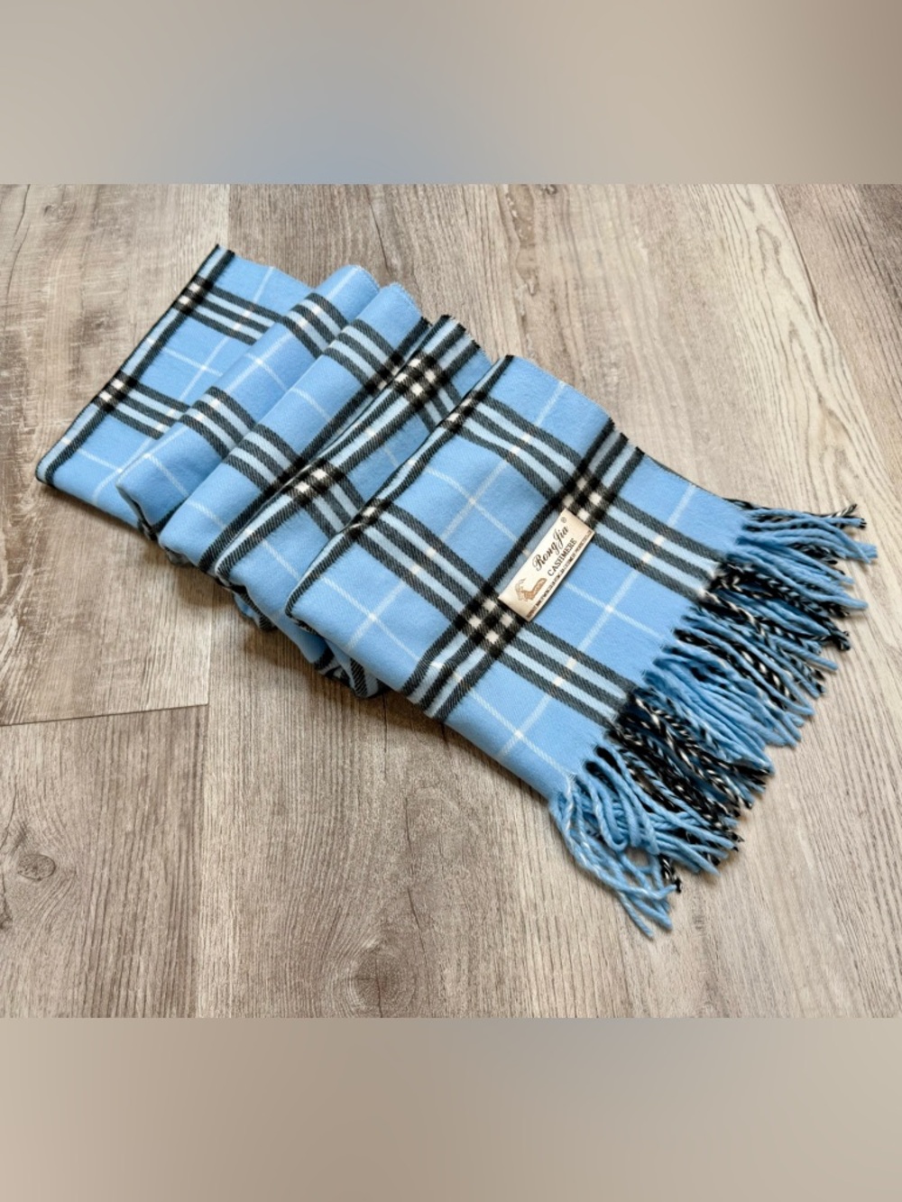Rong Jia Mongolian Cashmere Tartan Plaid Light Blue and Black Wrap XL